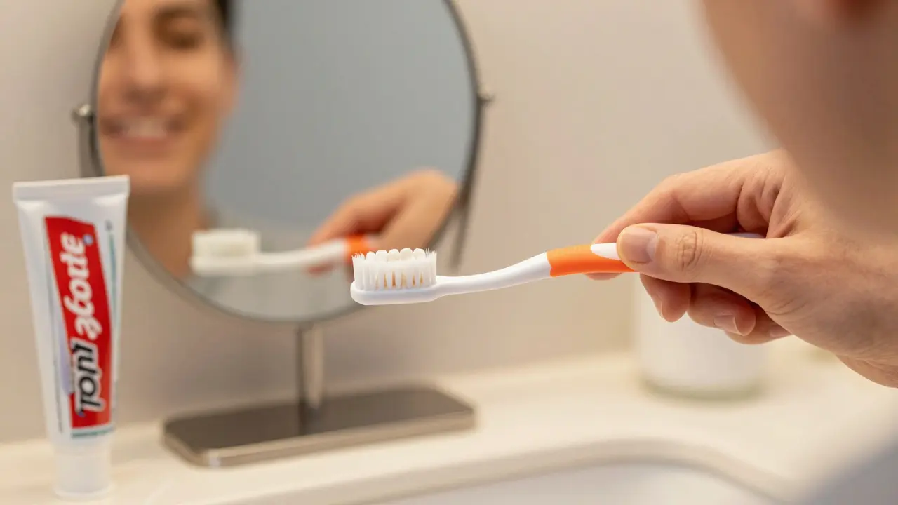 Měkký kartáček čistí veneery s fluoridovou pastou a zubní nití na stole.