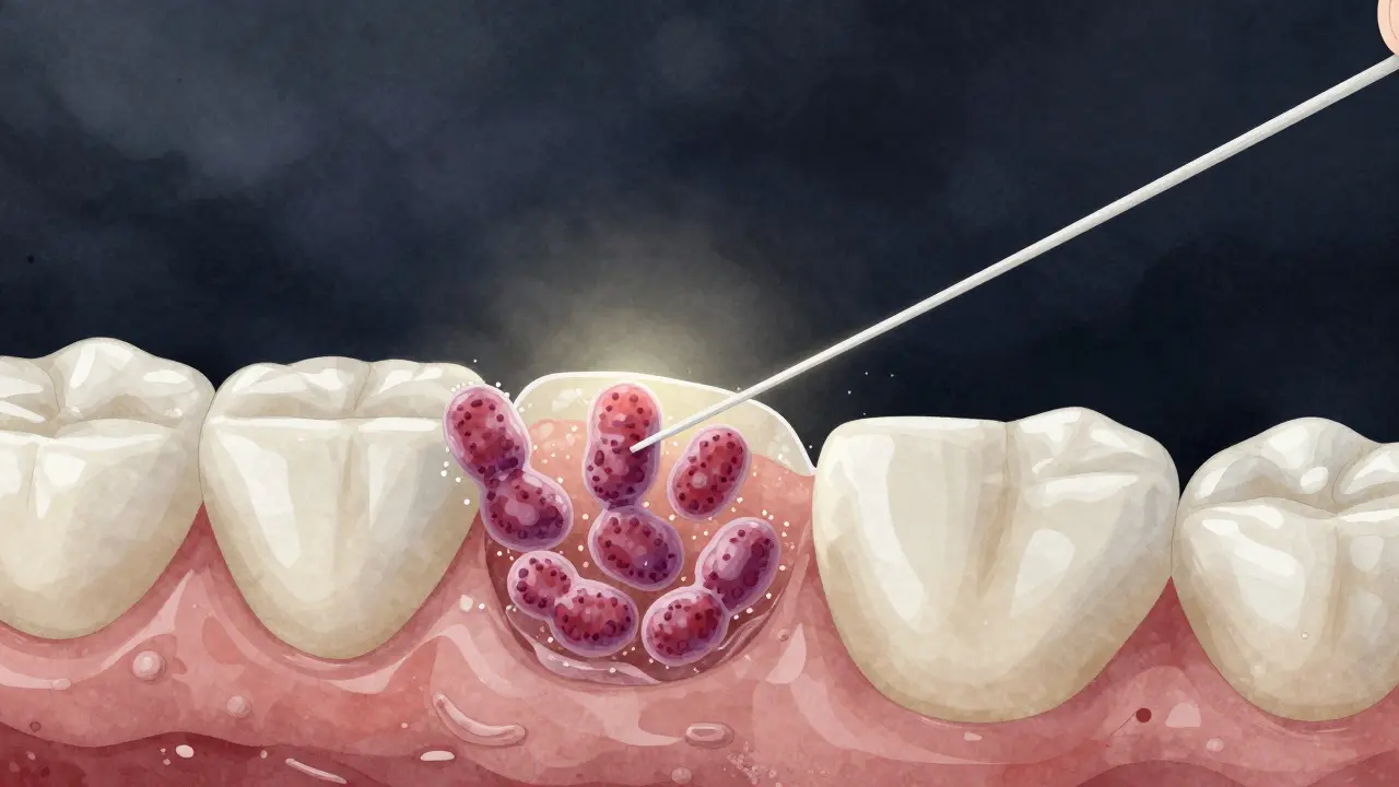 Mikroskopický pohled na zubní povlak mezi zuby a zubní nit, která ho odstraňuje.