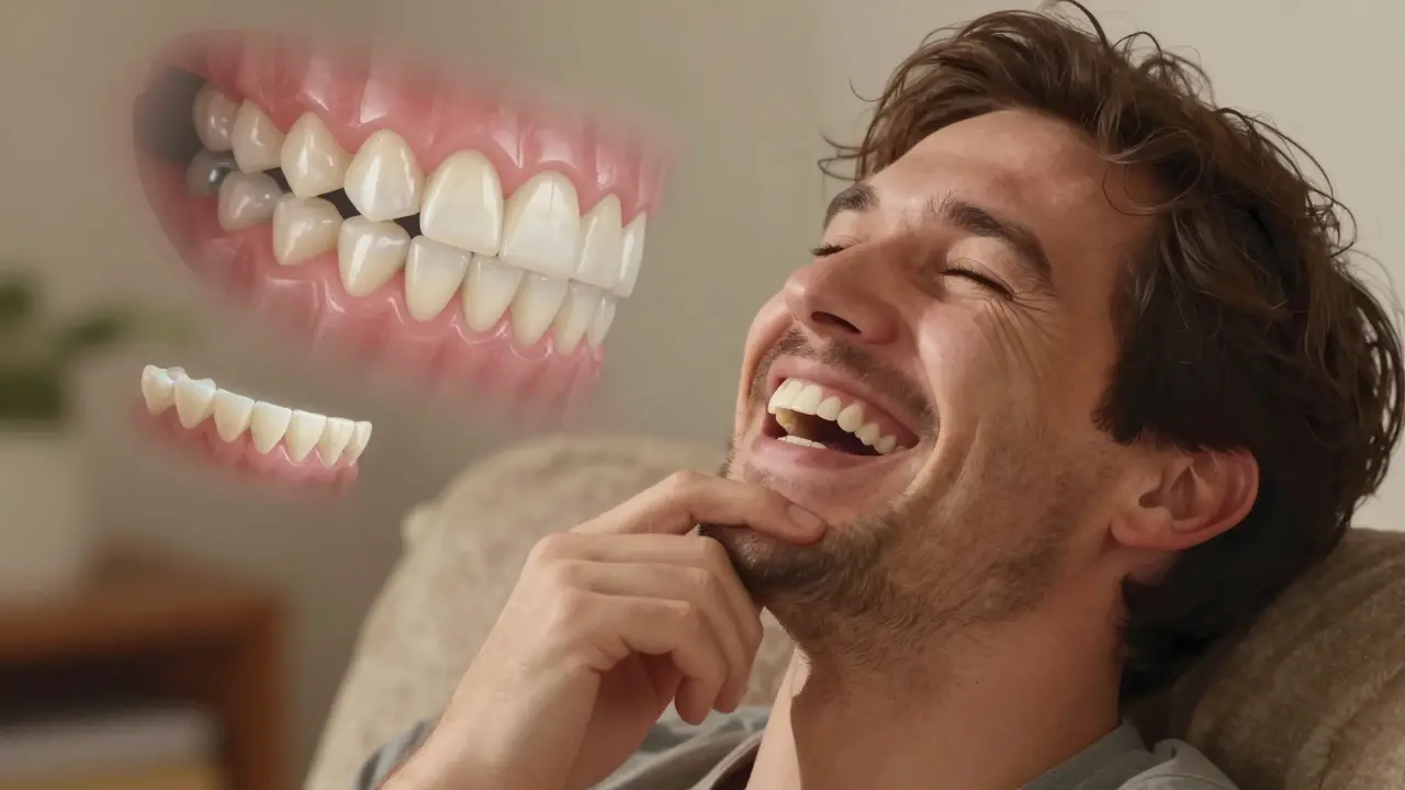 Muž se plně směje, keramické zuby vypadají přirozeně pod teplým osvětlením.