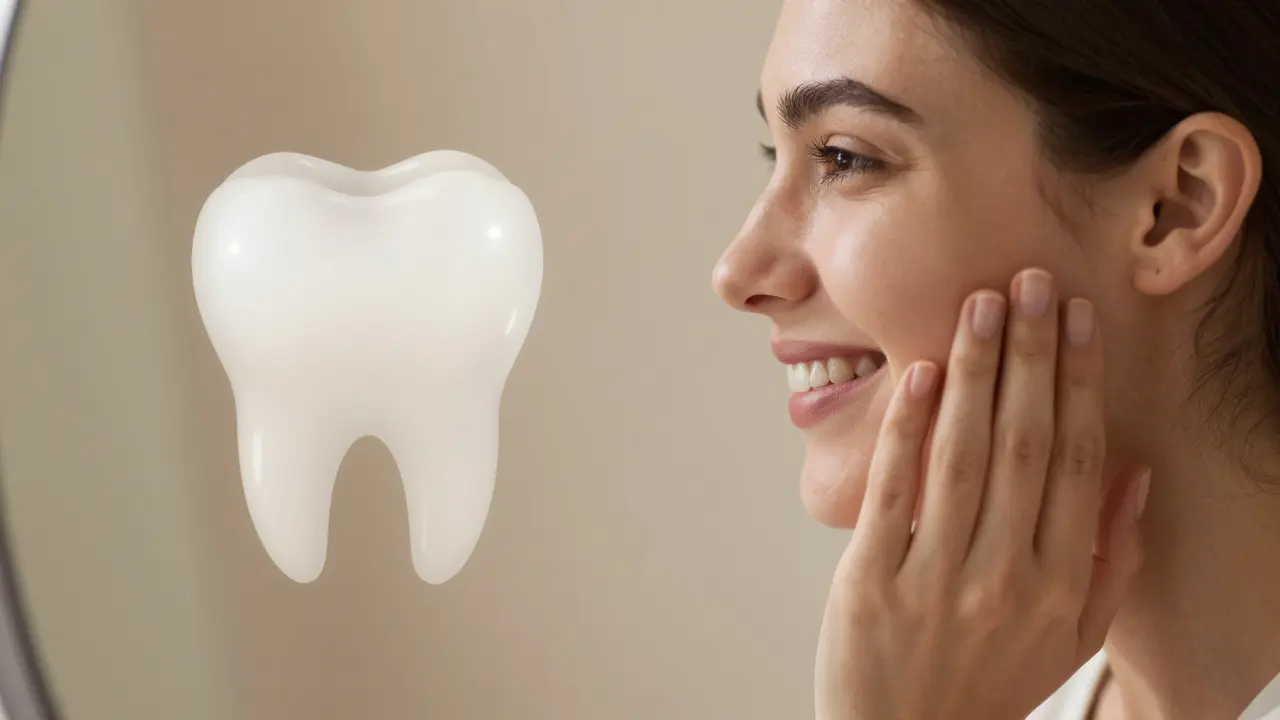 Osoba se dívá do zrcadla, symbolizující včasnou detekci a zotavení kazu