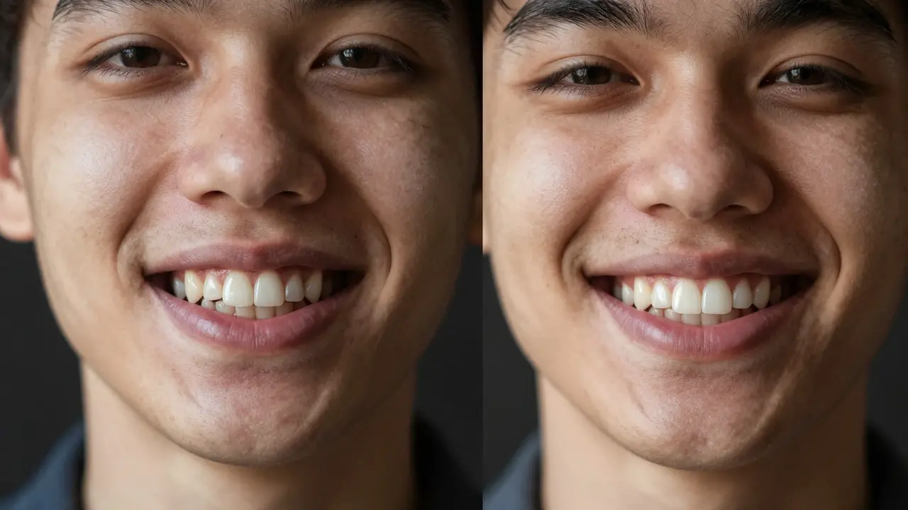 Porovnání vzhledu tváře s a bez doplnění chybějícího zubu.