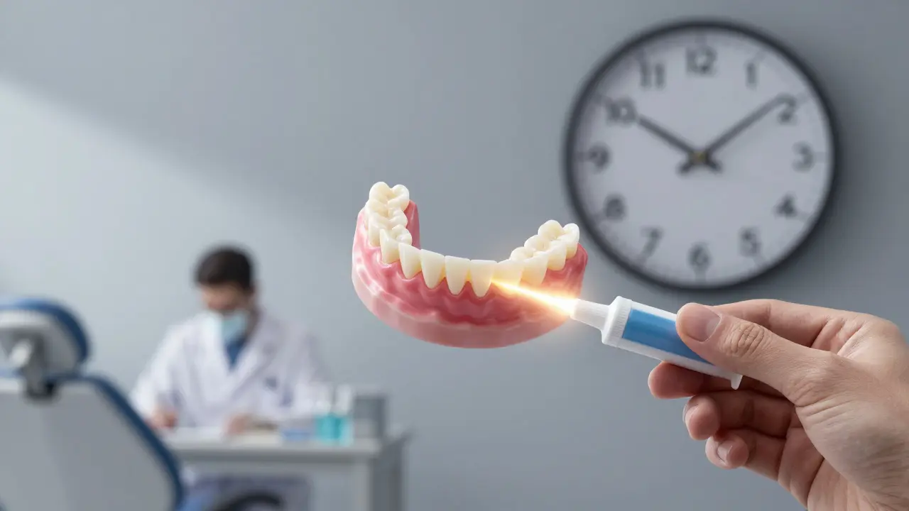 Poškozená protéza a zubní lepidlo směřují k zubařské klinice.