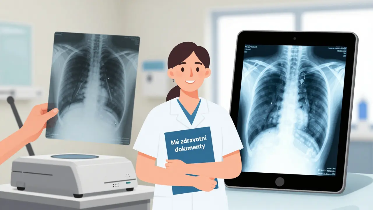 Přechod od papírového rentgenu k digitálnímu snímku s označením, symbolizující moderní péči a právo pacienta na dokumenty.