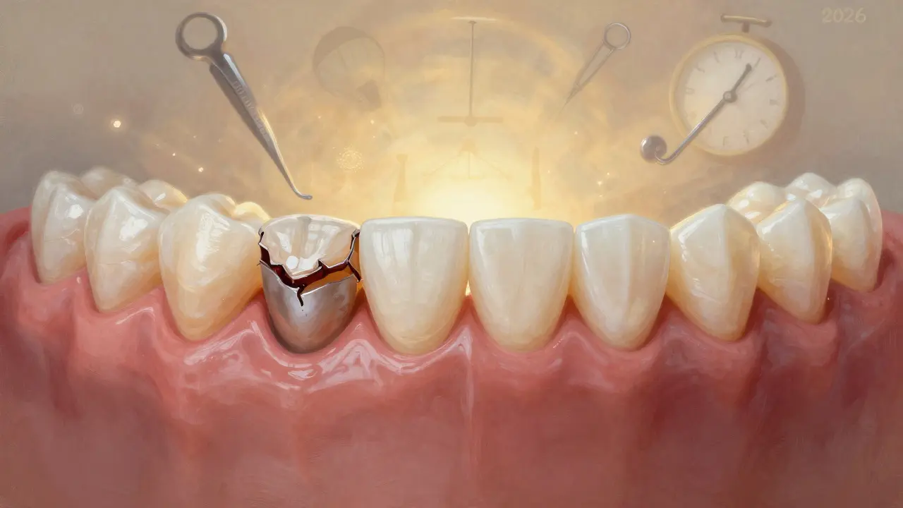 Přechod poškozeného zubu na dokonalou zirkoniovou korunku, znázorněný jako dvě strany jednoho obrazu.