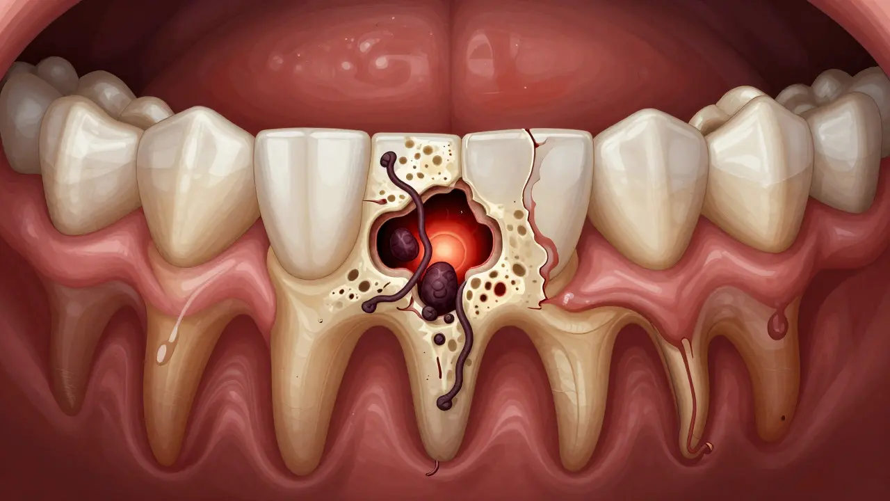 Přehled poddásňového zubního kamene a ničení kosti bakteriemi v ústech.