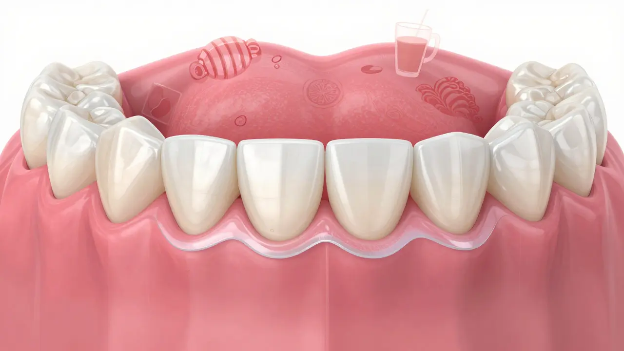 Přehled zubu pod veneerem s ochranou hranou u dásně a odstraněnými hrozbami.