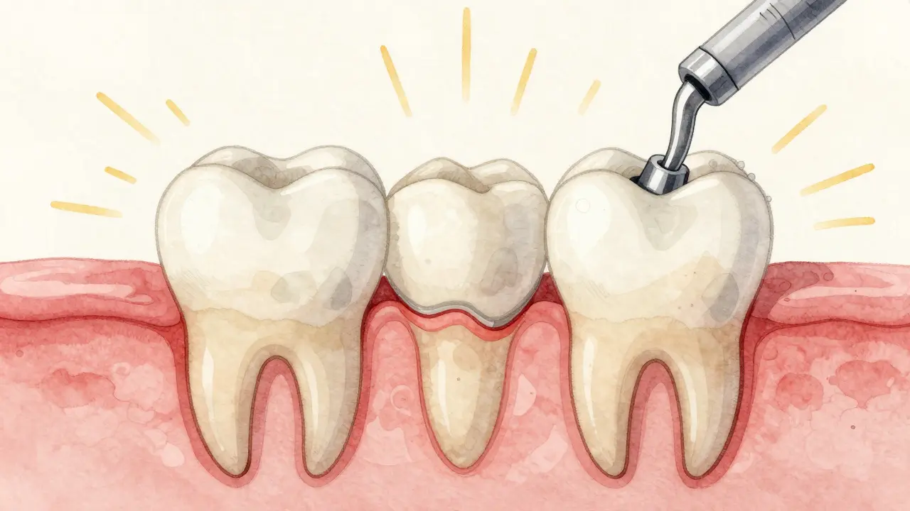Průřez zubem ukazující demineralizaci na povrchu a zdravou strukturu dole