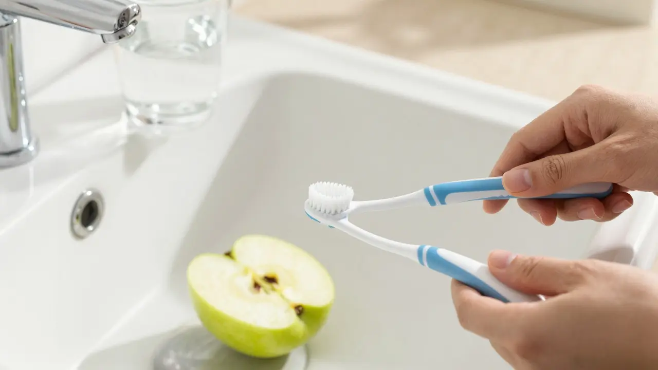 Ruce s mezizubním kartáčkem a čerstvé jablko na umyvadle