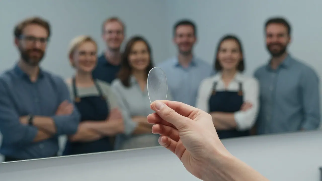 Ruka drží tenkou fazetu před zrcadlem, které odrazuje přirozeně se usmívající české profese.