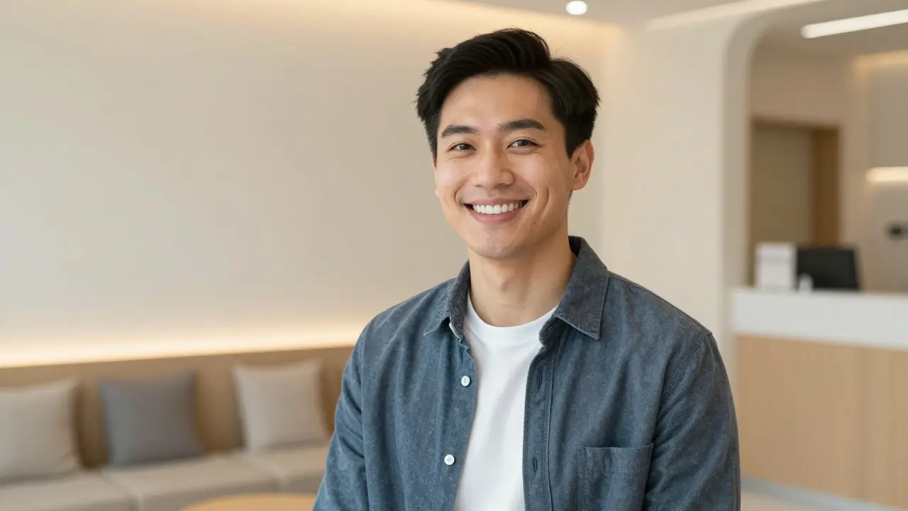 Samozvědomý úsměv pacienta v ordinaci stomatologie