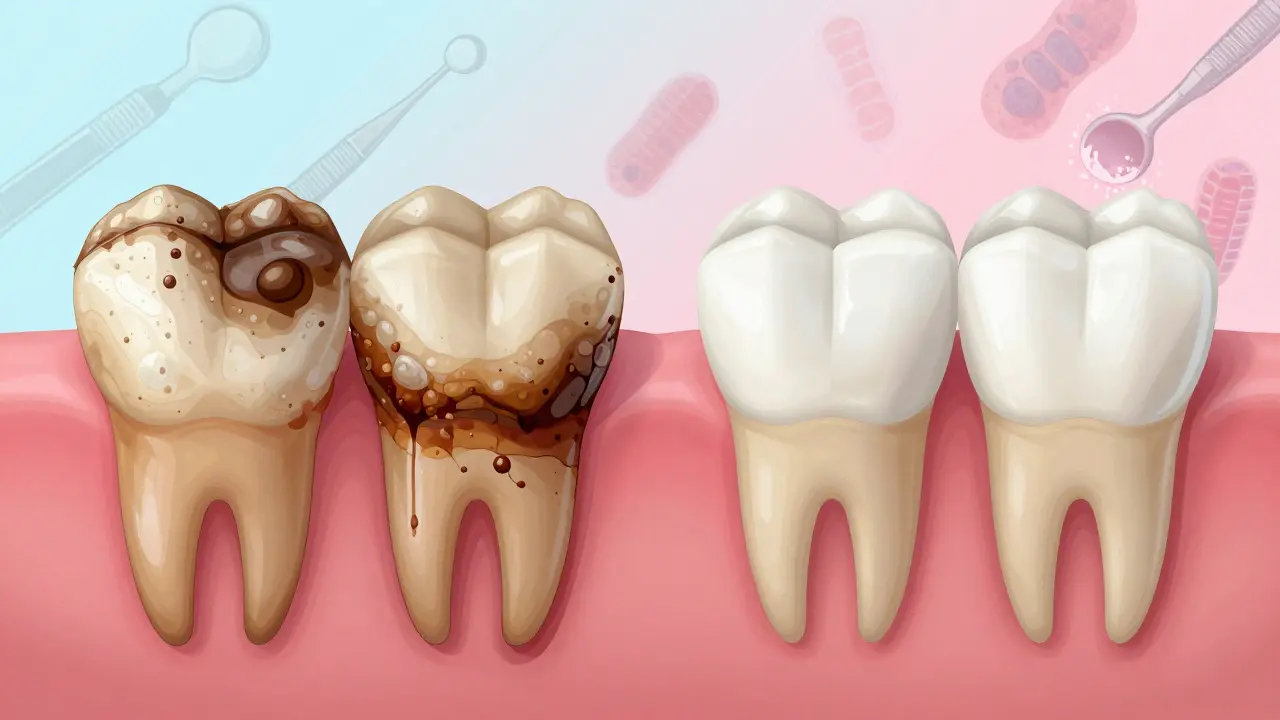 Srovnání zubů s kamenem a po pískování: znečištěné vs. čisté a zdravé zuby.