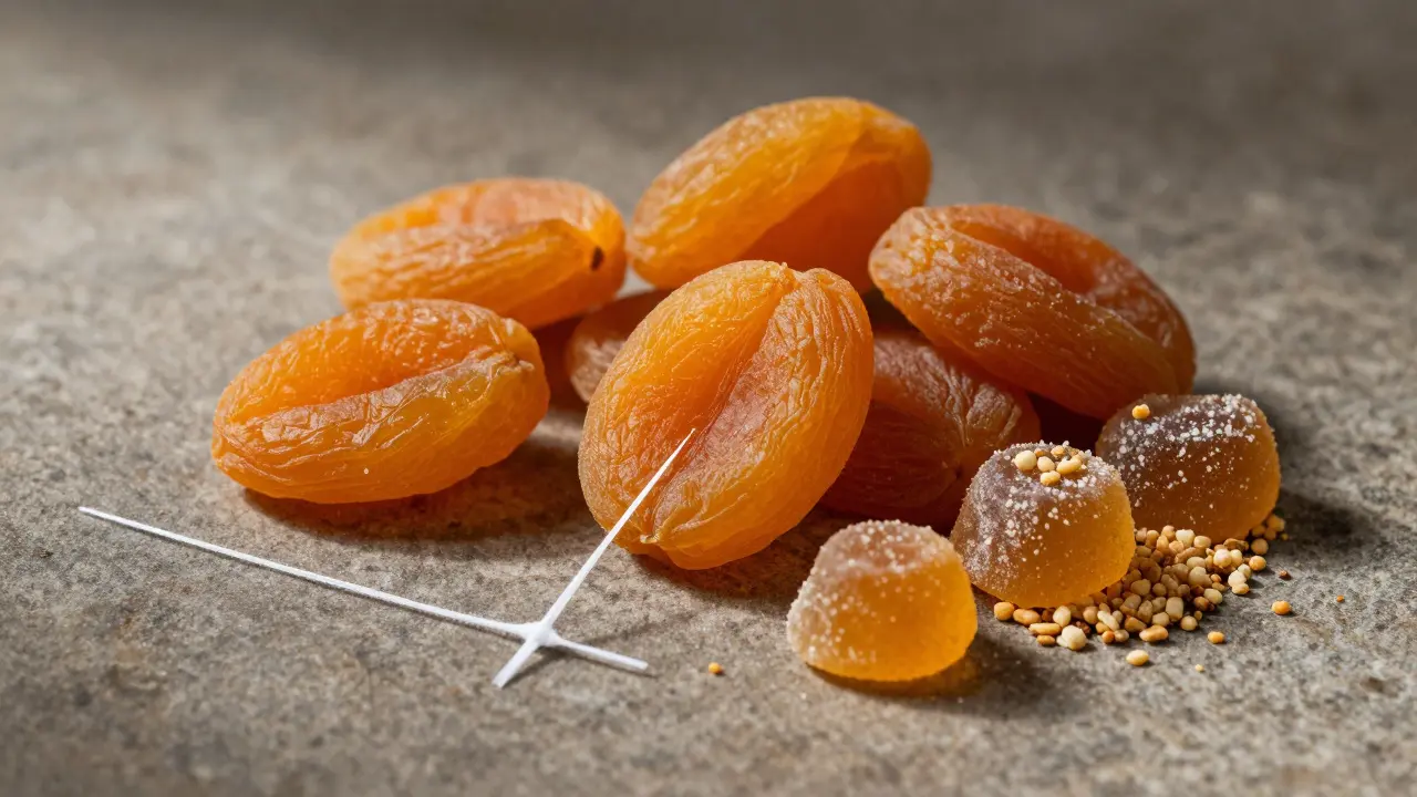 Sušené ovoce a sladkosti vedle zubní nitky na tmavém podložce