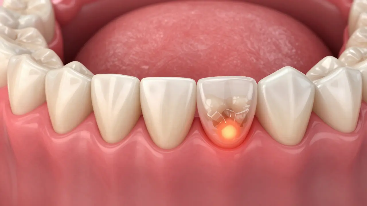 Swollen, inflamed gums after tartar removal, showing contrast between damaged tissue and restored tooth surface.