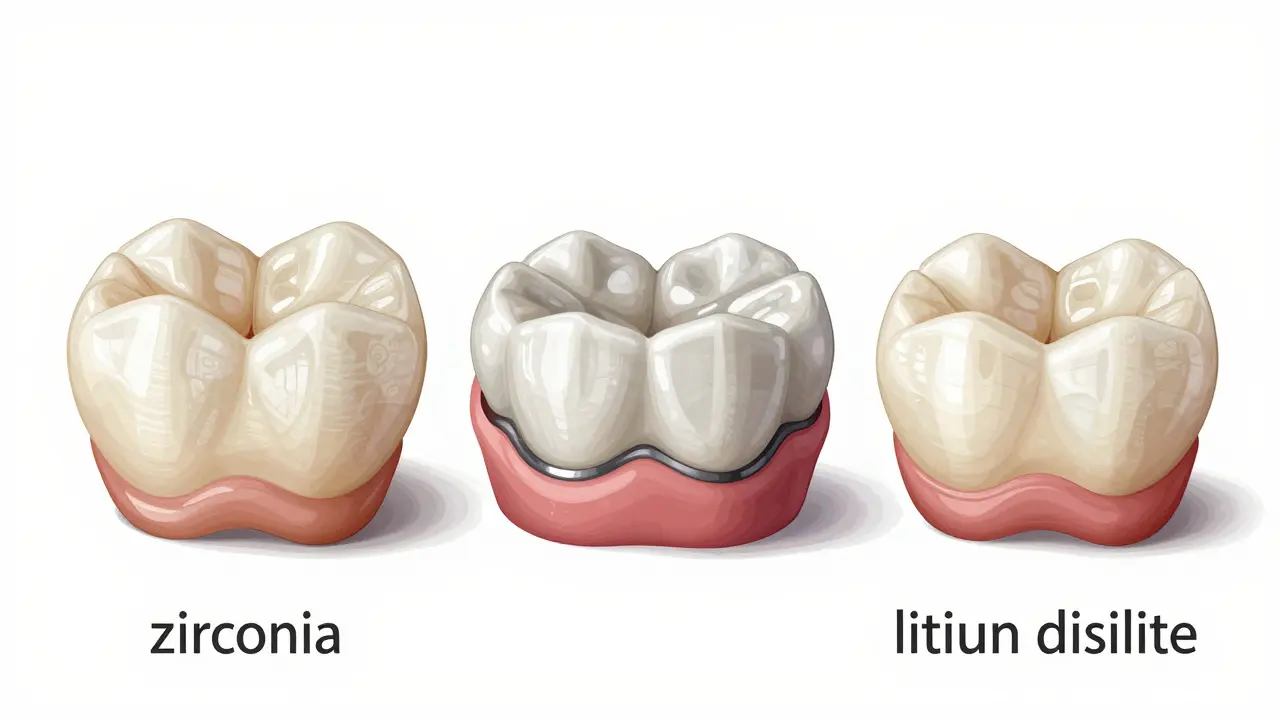 Tři druhy zubních korunek: zirkonie, porcelán na kovu a lithijský disilikát, viditelně srovnány podle materiálu.