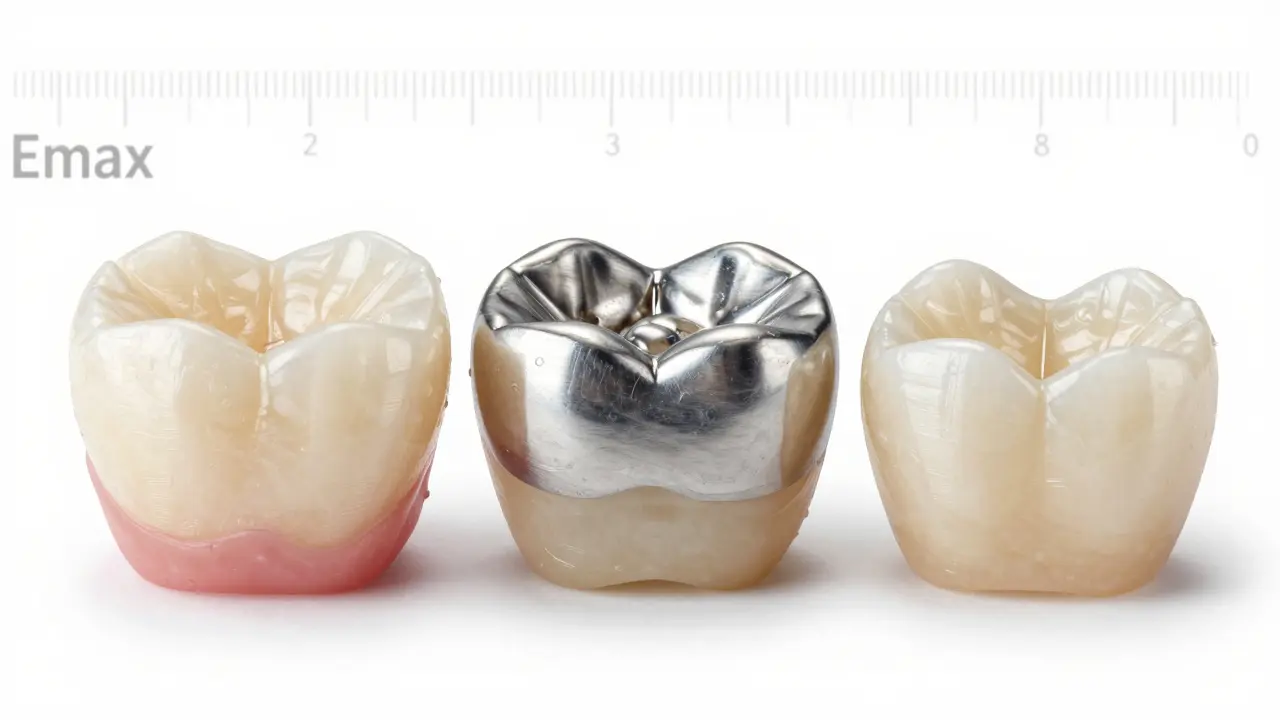Tři typy zubních korunek: plně keramická, keramická s kovovým jádrem a kompozitní, zobrazené vedle sebe.
