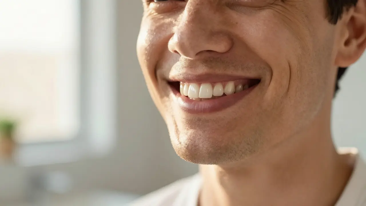 Úsměv pacienta ukazující přirozený vzhled ošetřených zubů.