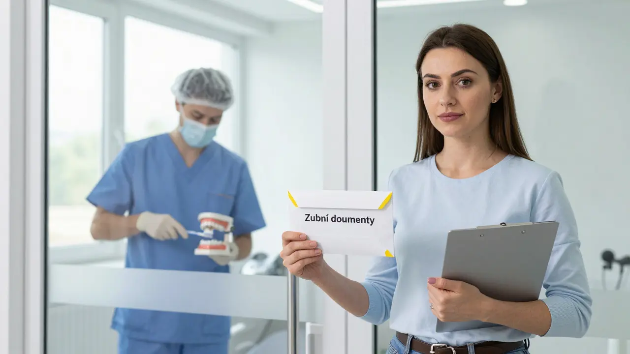 Žena drží obálku se zubními dokumenty u vchodu do kliniky, zatímco hygienik ukazuje správné čištění zubů na modelu.