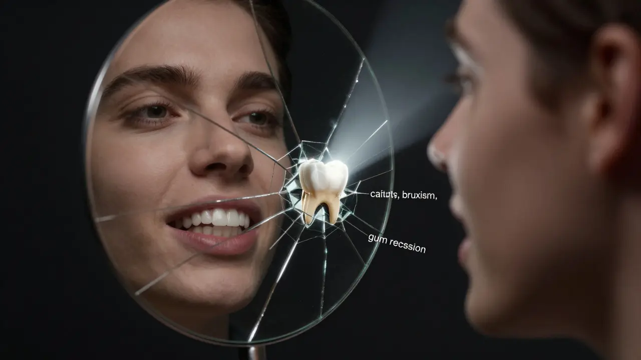 Zlomené zrcadlo s trhlinami, které se mění v poškozené zuby, symbolizující skryté problémy.
