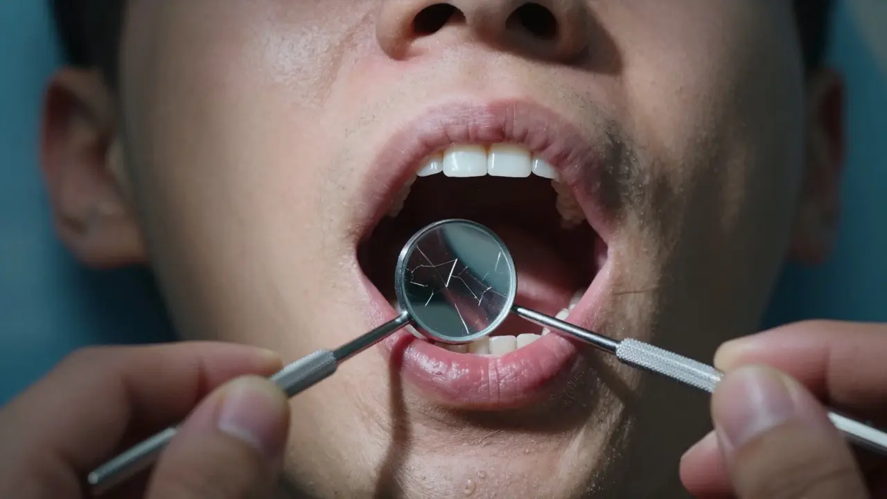 Zrcadlo odhaluje ztrátu dásňové tkáně a mezery mezi zuby, zatímco pacient nevnímá problém.