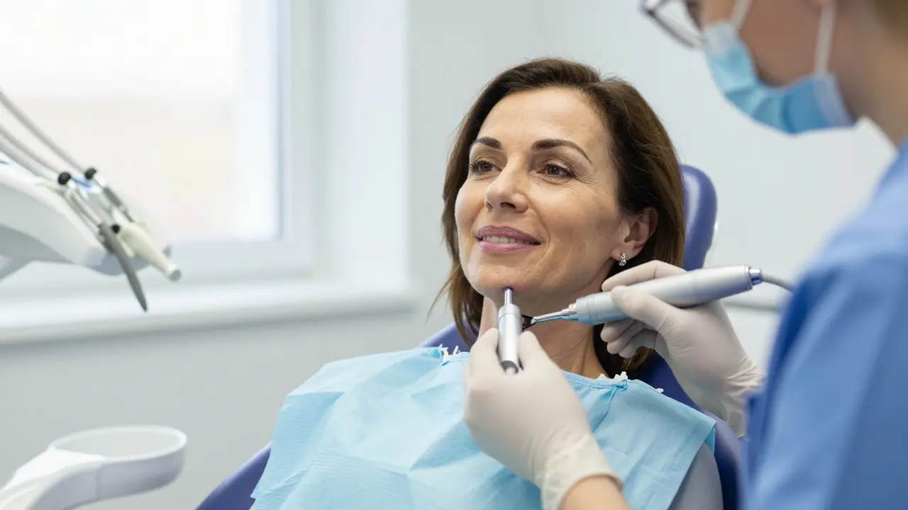 Zubní hygienička odstraňuje černý kámen pomocí ultrazvukového přístroje