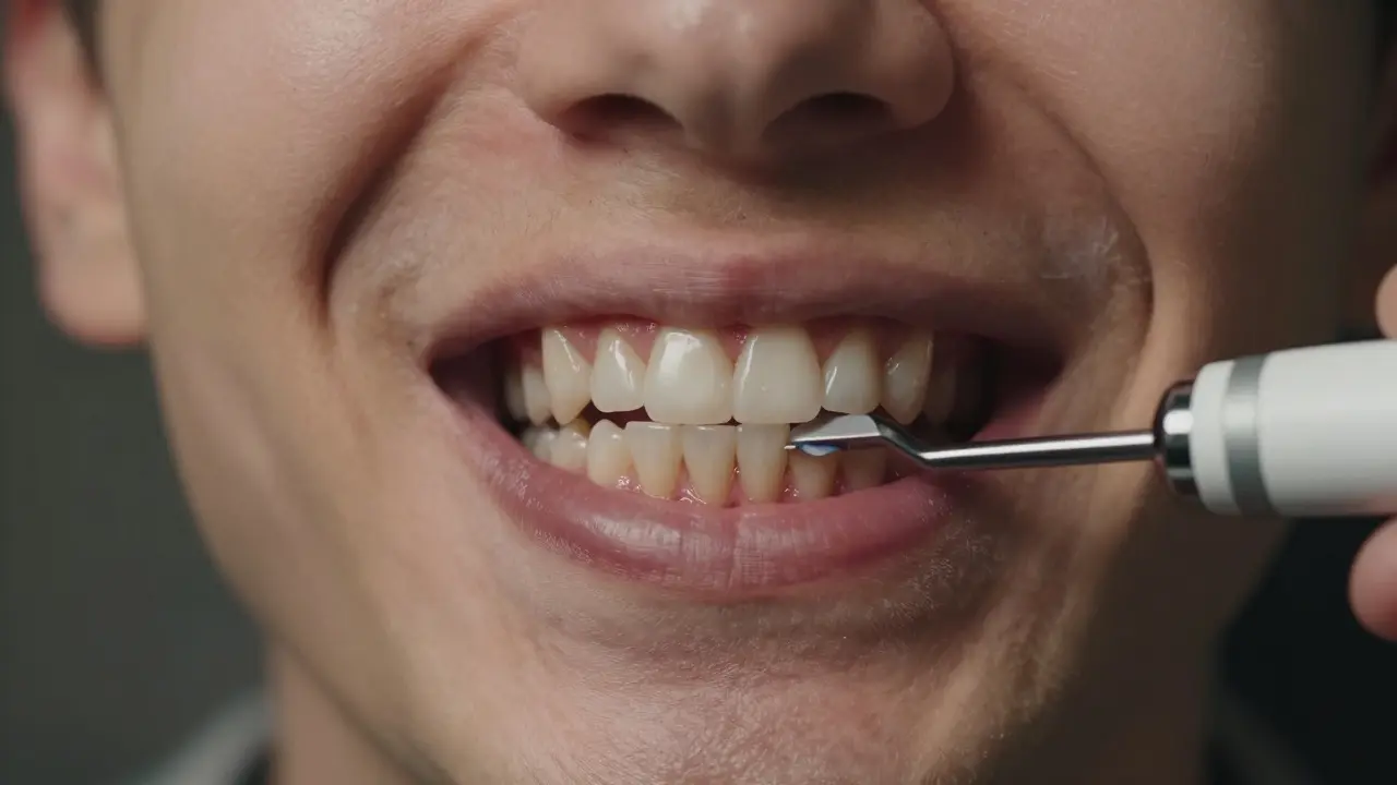 Zubní kámen na předních zubech a profesionální odstranění ultrazvukem.