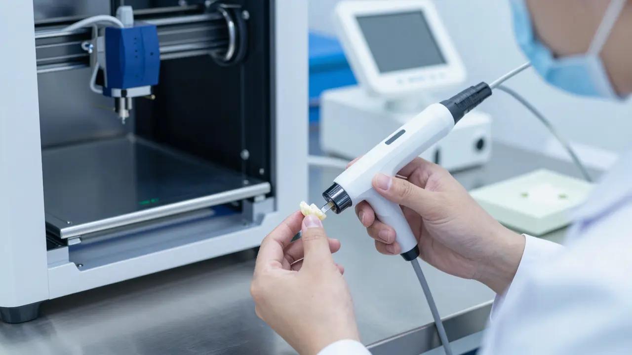 Zubní technika při práci s materiálem v čistotné laboratoři.