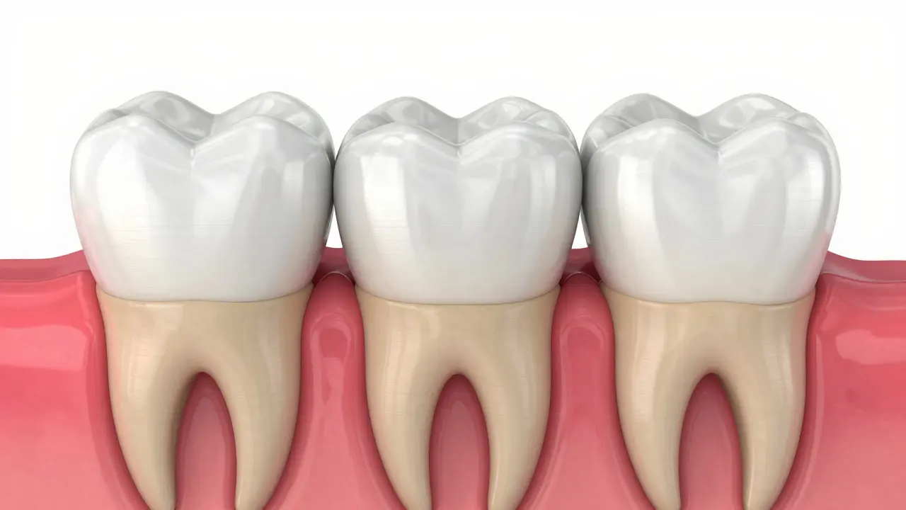 3D anatomický průřez zubu s aplikovanou fasetou a znázorněním zánětu dásní.