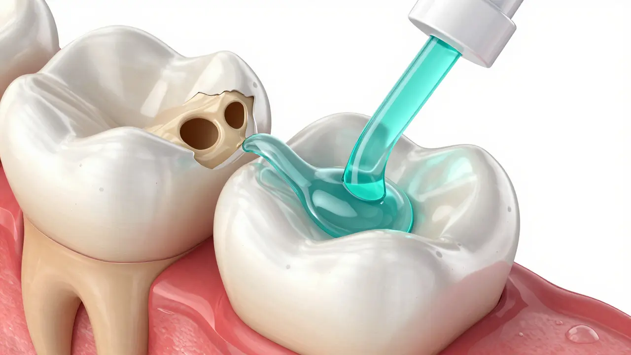 3D ilustrace procesu remineralizace zubní skloviny pomocí speciálního gelu.