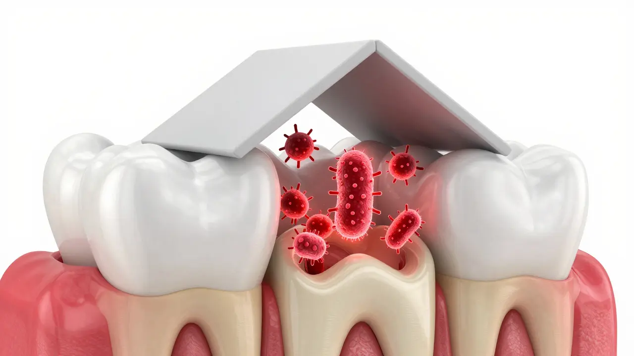 3D ilustrace průřezu zubu znázornující odhalený dentin a napadající bakterie.