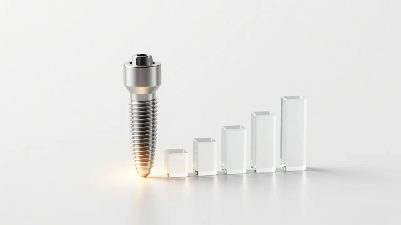 3D model titanového implantátu a bloky znázorňující splátky.