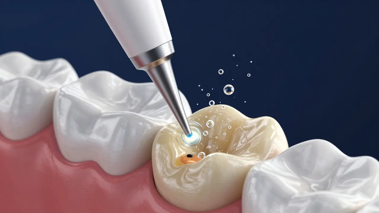 3D vizualizace ultrazvukových vln a bublinek odstraňujících zubní kámen.