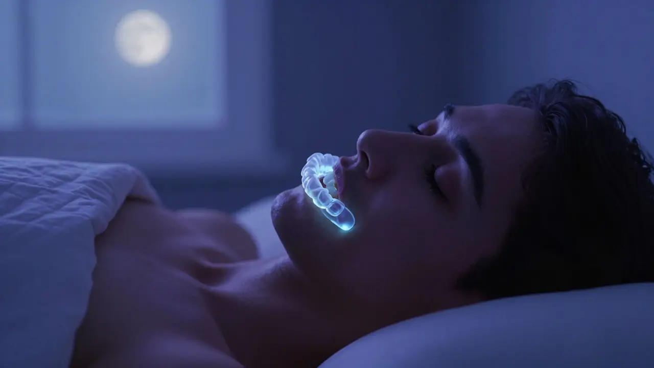 Člověk spící s ochrannou dlahou na zubech pro prevenci bruxismu.
