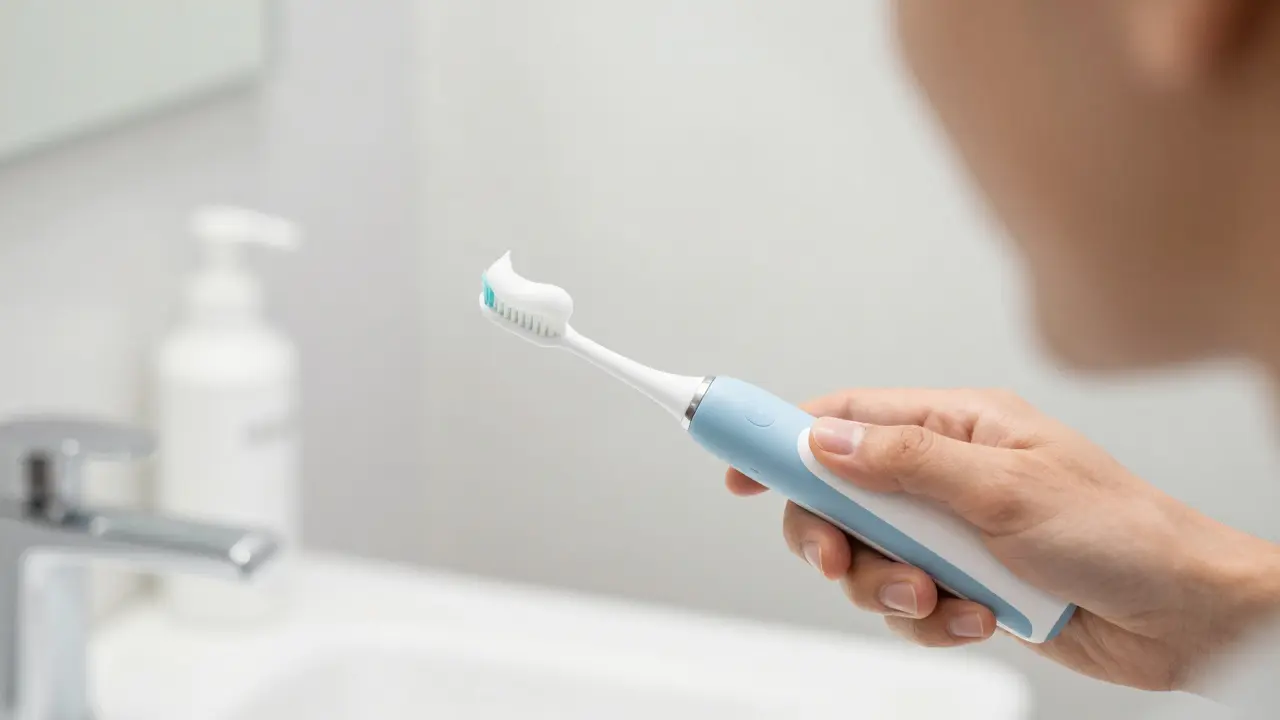 Detail elektrického zubního kartáčku s bělící pastou v bright koupelně.