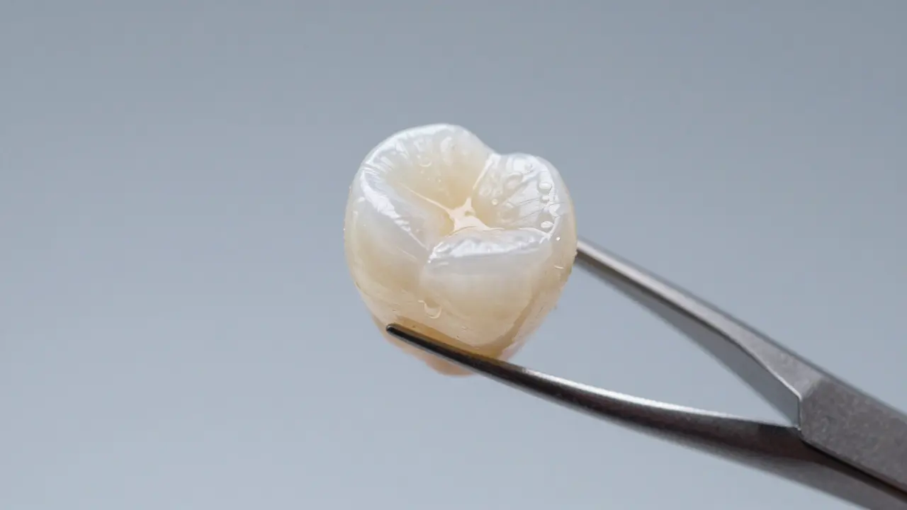 Detail keramické fasety držené dentální pinzetou