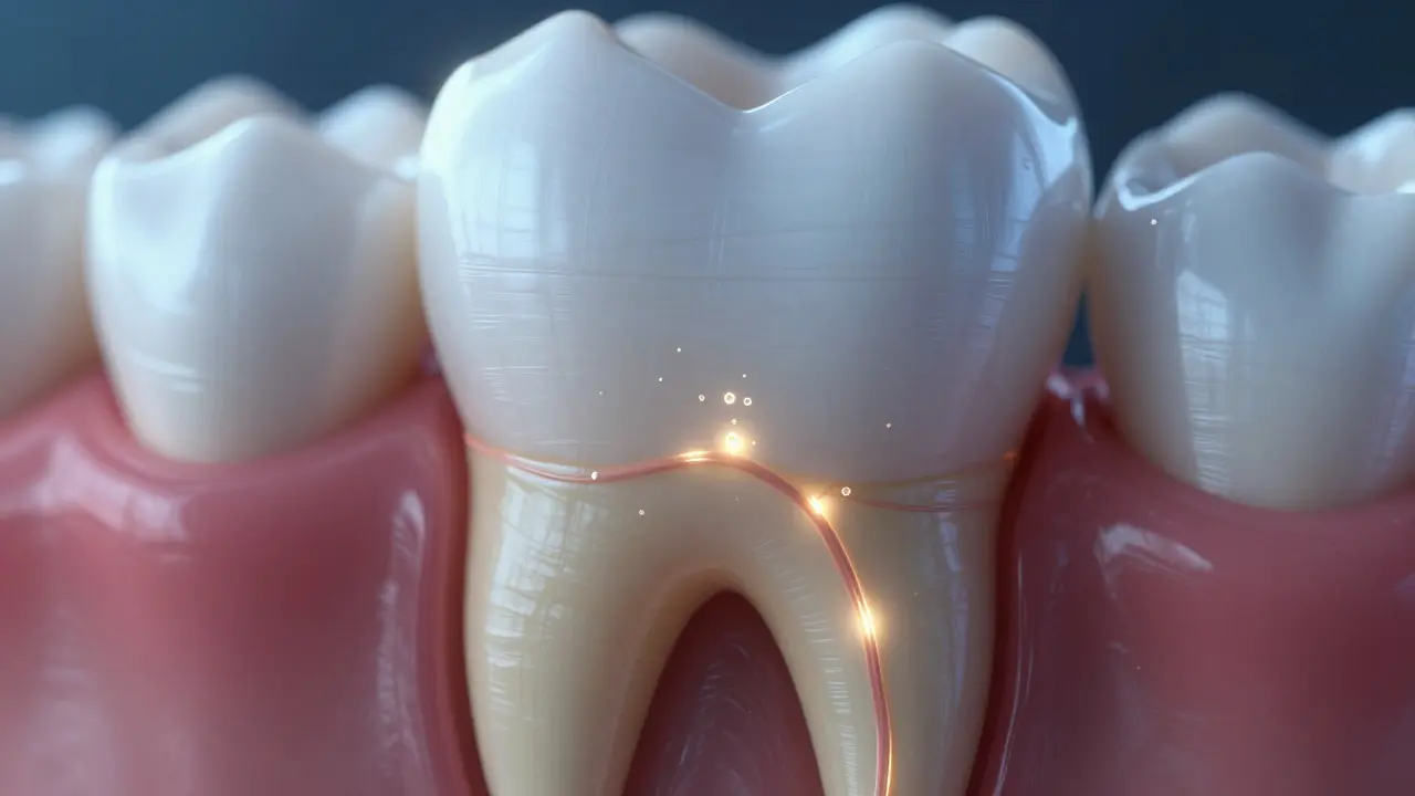 Detail odhaleného dentinu v kořenu zubu znázornující citlivost zubů.