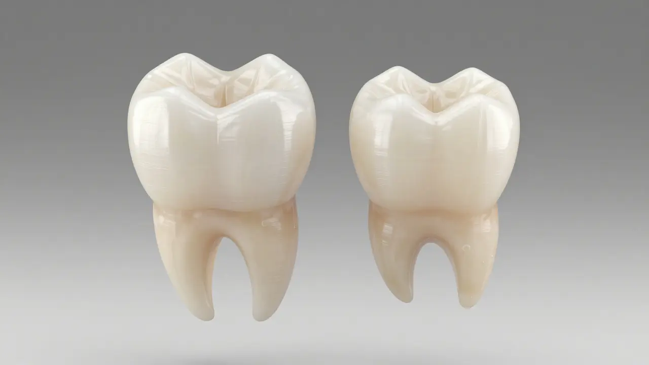 Detailní 3D model zubního můstku z bílého zirkonu.