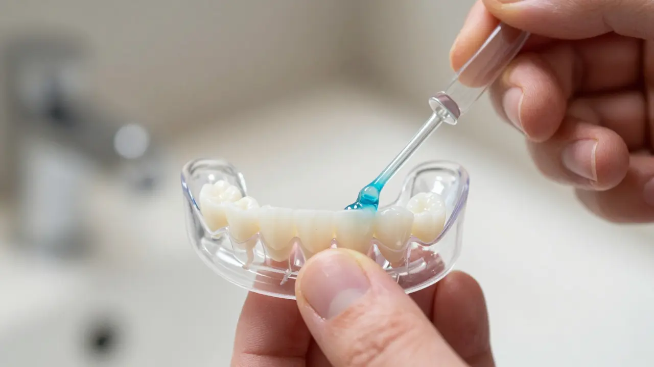 Detailní pohled na aplikaci malé kapičky bělicího gelu do průhledné záduvky.