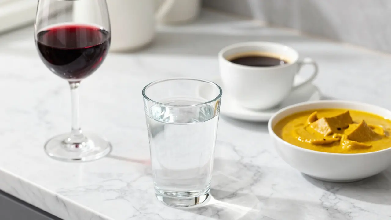 Káva, červené víno a voda na mramorové desce jako symboly pigmentace zubů.