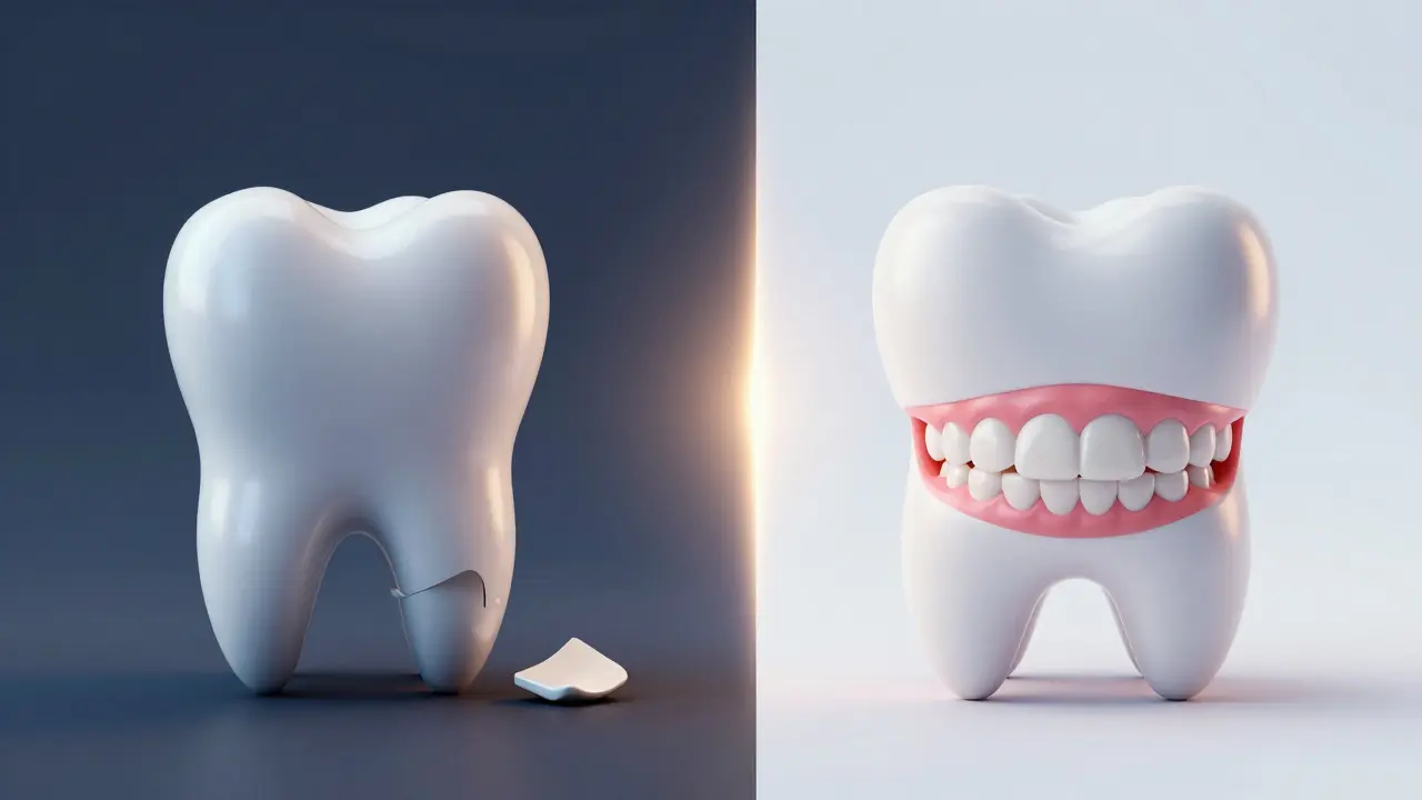 Konceptuální srovnání levných plastových zubů a zdravého úsměvu