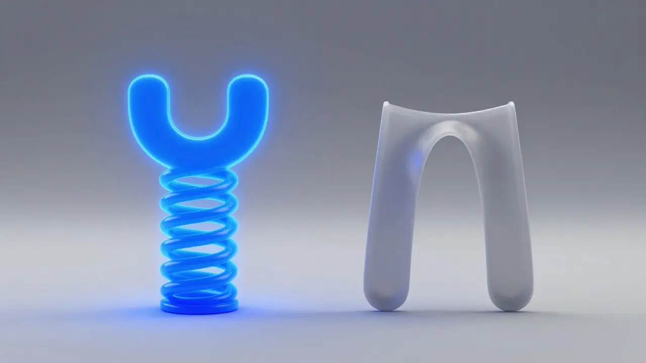 Konceptuální srovnání pružnosti nové a opotřebované ortodontické gumičky.