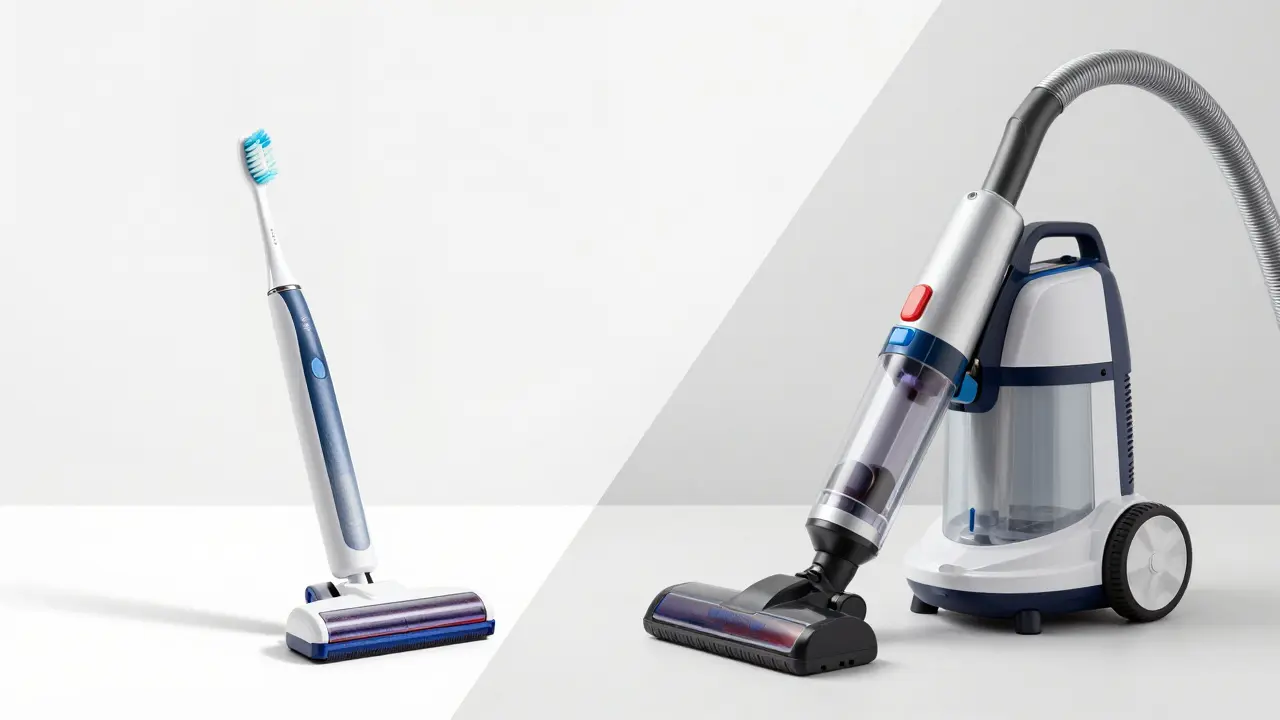 Konceptuální srovnání vysavače a hloubkového čističe jako metafora čištění zubů.