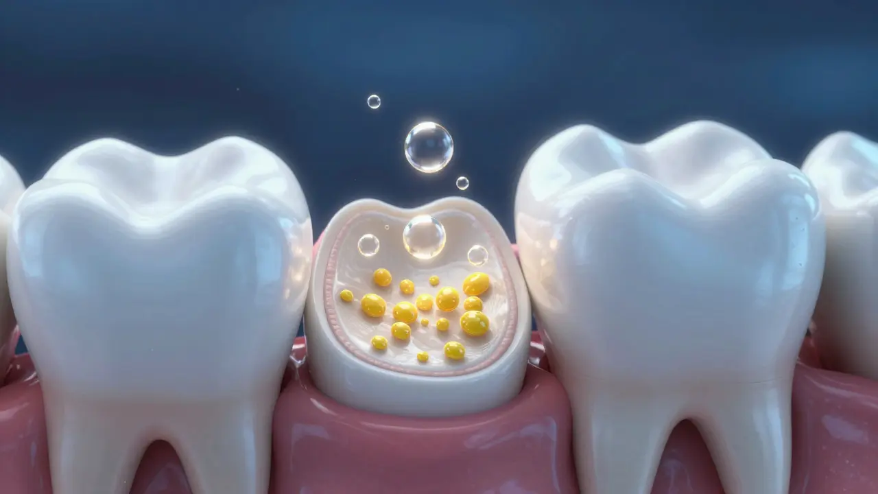 Konceptuální znázornění procesu bělení zubů v mikroskopickém měřítku.