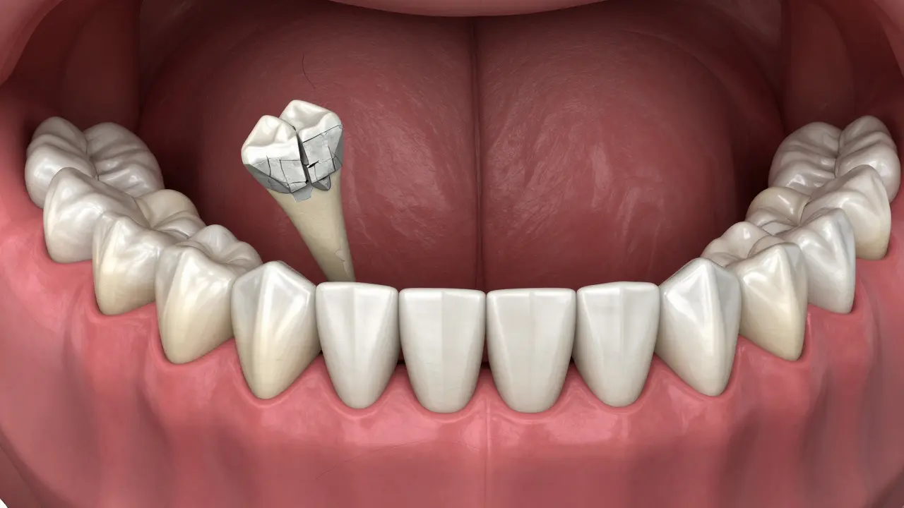Konceptuální zobrazení dásní a kosti čelisti s dopadem zánětu na stabilitu zubů.