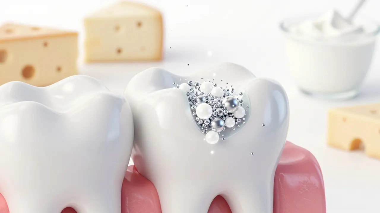 Konceptuální zobrazení posilování zubního skloviny vápníkem.