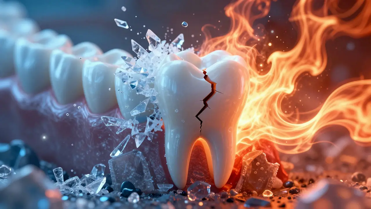 Konceptuální zobrazení teplotního šoku na zubu s kontrastem ledu a horka.