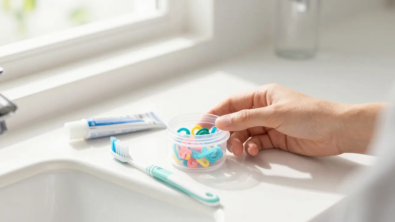 Krábička s elastickými gumičkami a ortodontický vosk na koupelnovém pultu.