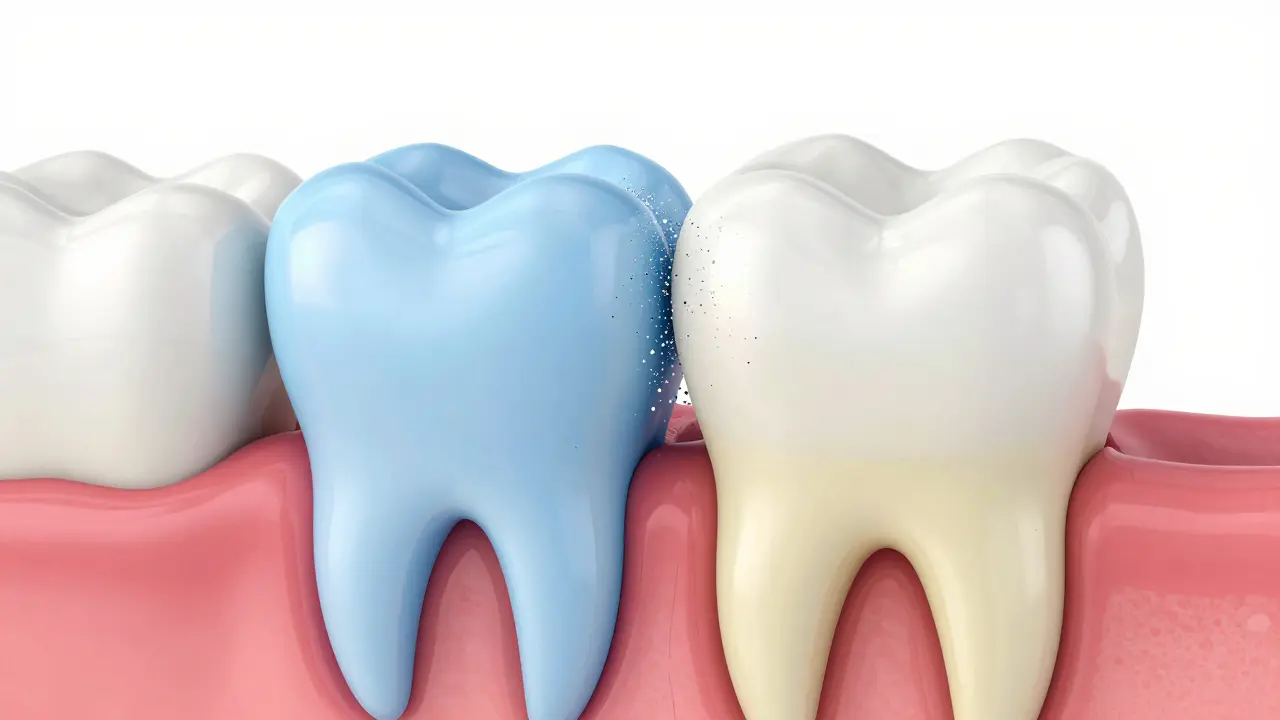 Kresba v řezu zubu znázornující proces bělení a ochranu skloviny.