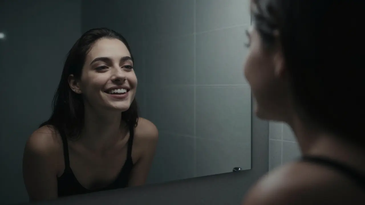 Osoba se dívající do zrcadla na svůj úsměv s viditelným ustupováním dásní u fazet.