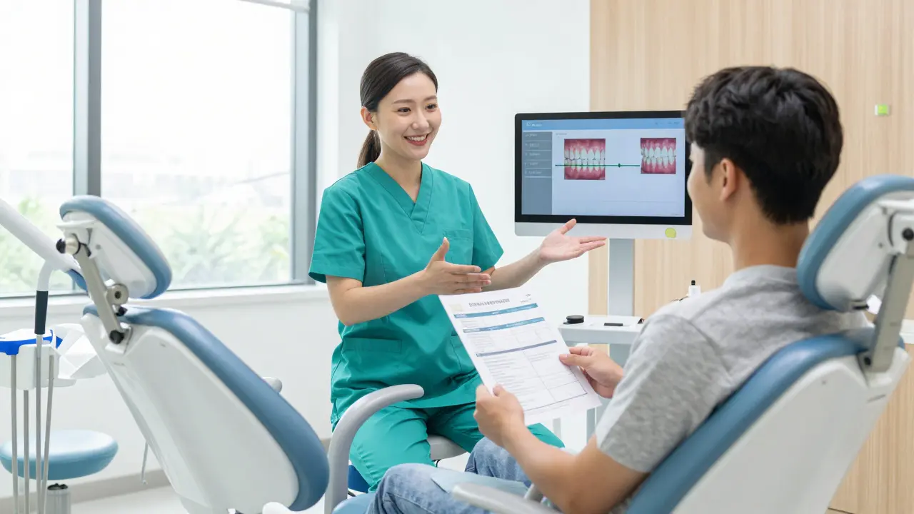 Pacient a zubař diskutují o plánu léčby v moderní klinice.