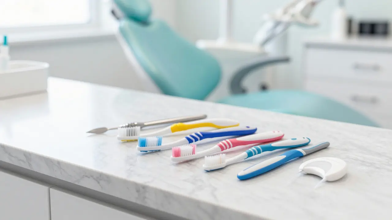 Sada pomůcek pro hygienu dutiny úst včetně mezizubních kartáčků.